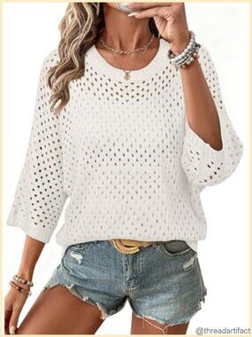Womens 100% Acrylic Crochet Sweater 3/4 Sleeve Crew Neck Pullover Top